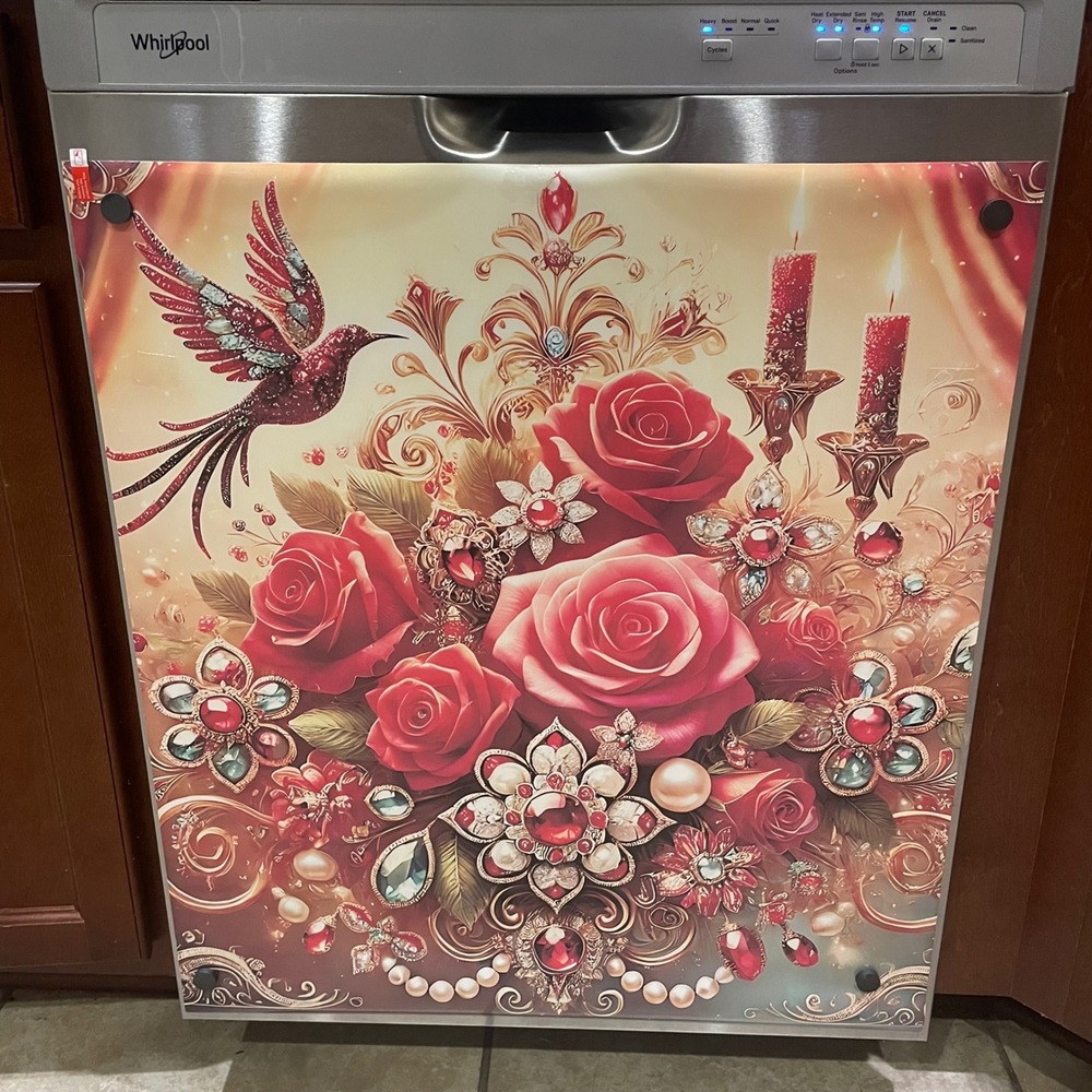 NEW Hummingbird Roses Dishwasher Cover Decor Floral Appliance Sticker Decal